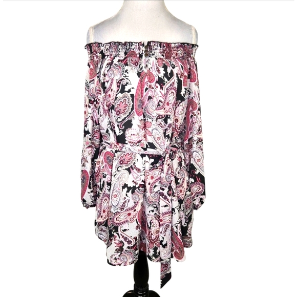 Cato Woman White, Black & Pink Paisley Chiffon Of The Shoulder Dress 18/20 - Picture 1 of 10